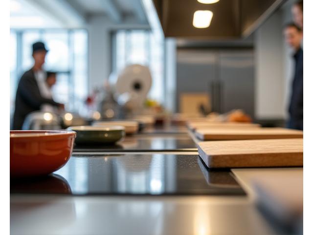 Close-up of clean, well-equipped cooking stations in EmberSprout Kitchen studio