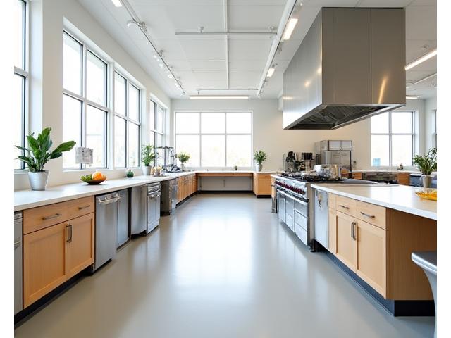 Wide shot of modern, bright cooking studio at EmberSprout Kitchen