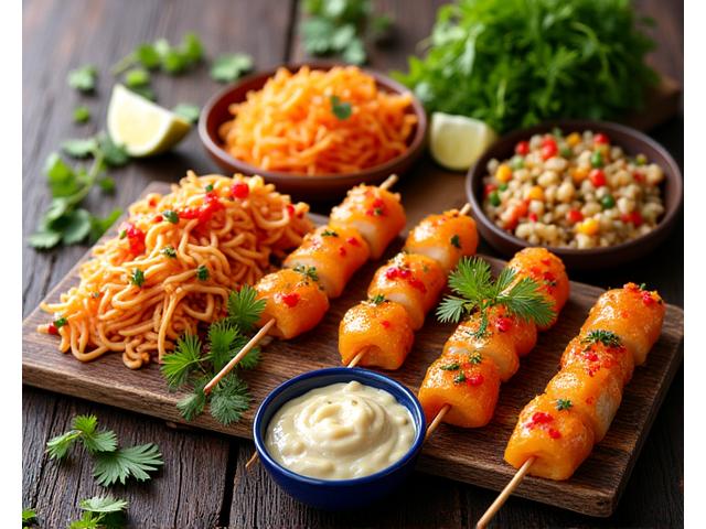 Vibrant Asian street food skewers