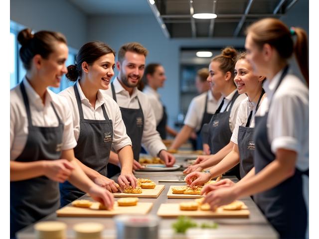 Colleagues collaborating and laughing while preparing food in a professional kitchen setting