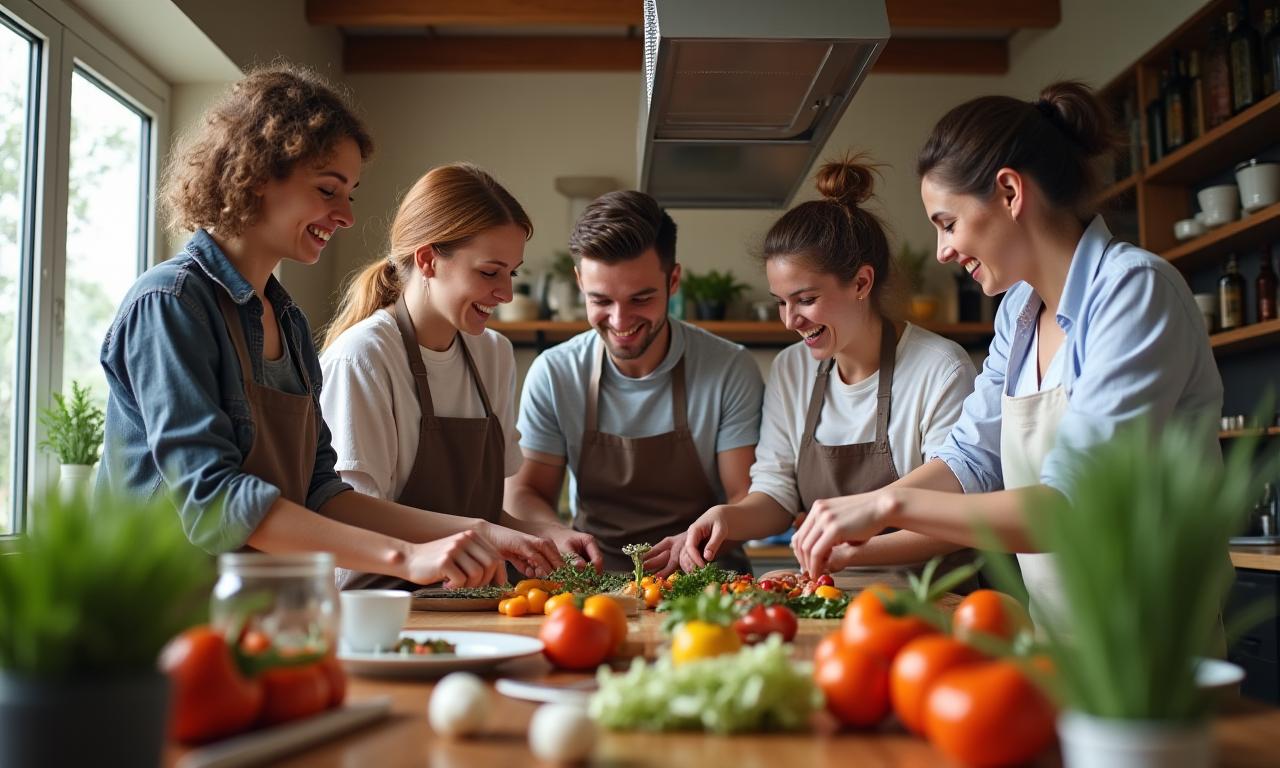 Group of people laughing and cooking together in a modern kitchen