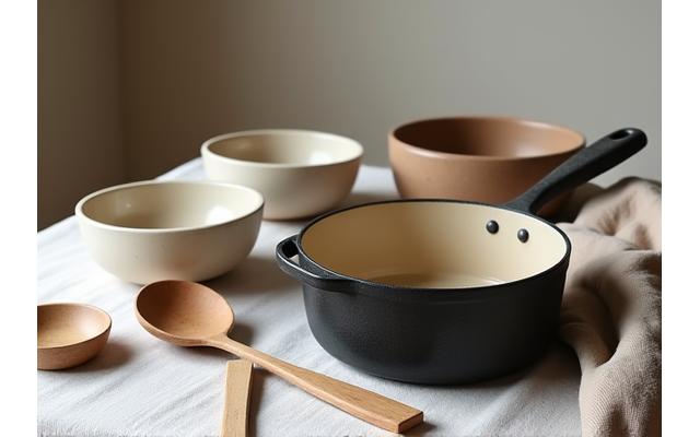 Beautifully crafted ceramic bowls, a cast-iron Dutch oven, and handmade wooden utensils on a minimalist table.