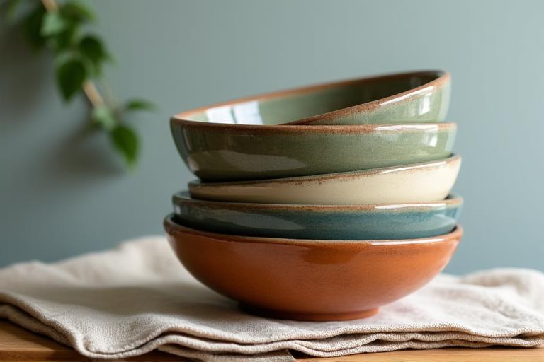 Stack of rustic handmade ceramic serving bowls in earthy tones.