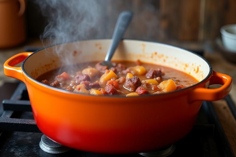 Vibrant enameled cast-iron Dutch oven filled with simmering stew.