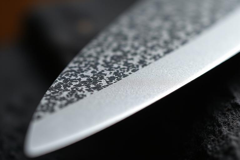 Close-up of a Japanese chef's knife blade with intricate Damascus pattern.
