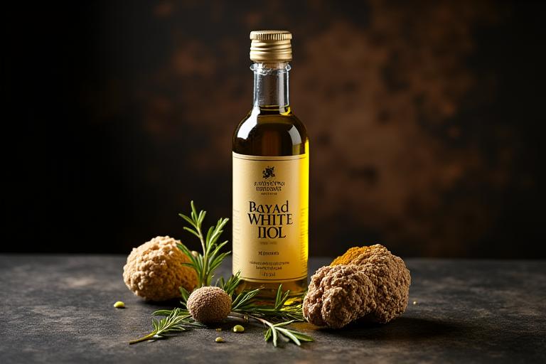 Bottle of premium white truffle oil with fresh truffles and herbs.