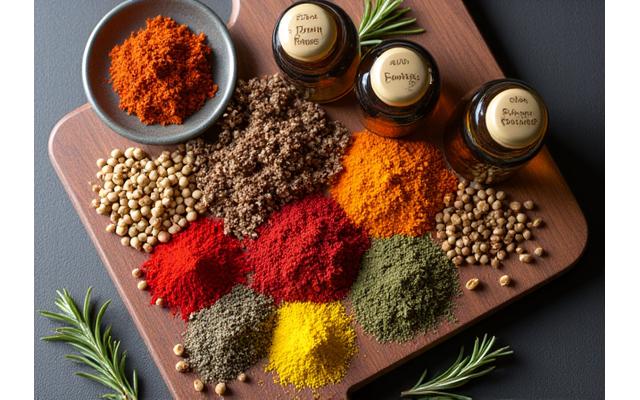 Assortment of vibrant spices, artisanal olive oils, and exotic herbs on a rustic wooden board.