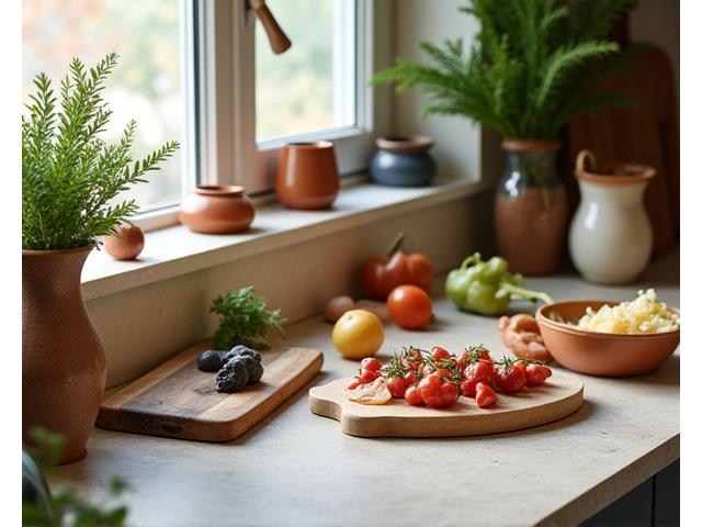 A beautifully styled kitchen counter with various gourmet ingredients, artisanal tools, and pottery, bathed in warm natural light.