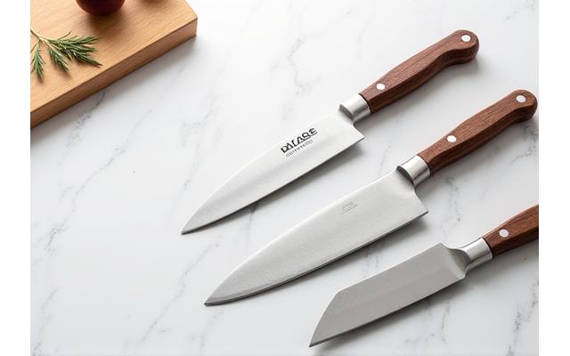 Set of professional kitchen knives, a chef's steel, and a cutting board on a clean countertop.